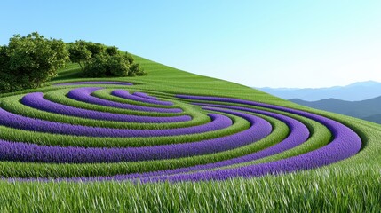 Lavender field spiral patterns scenic hillside nature photography serene landscape aerial view tranquil beauty