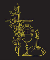 golden holy communion icon with chalice, cross with roses and bread isolated on black background