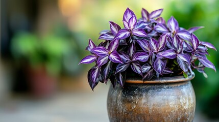Close up of a purple and white striped plant in a brown ceramic pot against a blurred green background