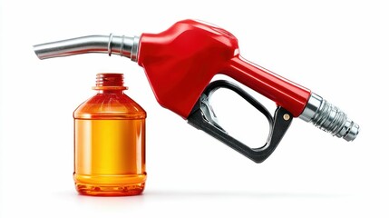 Naklejka premium A red fuel nozzle and a bottle with amber liquid, representing the energy and fueling industry.