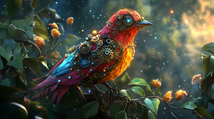 Fototapeta premium A vividly colored mechanical bird adorned with intricate gears and cogs, sits amidst lush greenery under a mystical, starlit sky. Starlit Forge. Illustration