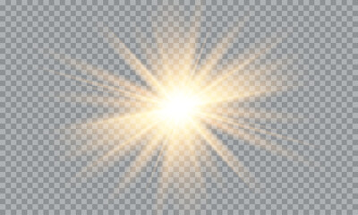 Vector of light with sun glare. Sun rays and glare . Golden flash and glare.