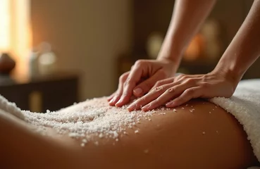 Spa treatment, back massage with sea salt. Woman enjoys massage. Natural skincare therapy. Hands applying salt scrub, wellness for body. Relaxation, skin exfoliation, spa luxury.