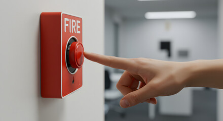Hand pressing fire alarm button in modern office environment  