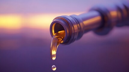 Fuel dripping from a gas pump nozzle at sunset.