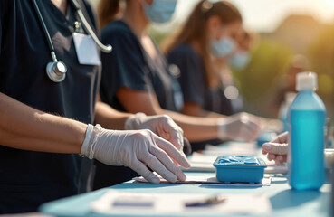 Medical staff provide free health screenings at community event. Volunteers wearing masks, gloves, scrubs during pandemic offer accessible healthcare. Focus on medical care services. Health check-up,