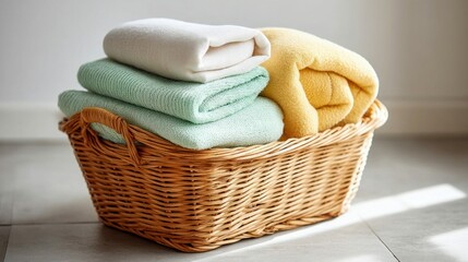A woven basket full of neatly folded pastel towels creates a calm and inviting scene.