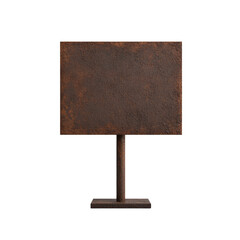 Vintage rusty metal sign on stand with weathered texture and rectangular shape