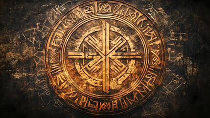 Circular sacred talisman with ancient runes and unknown drawings. aetherial inscription. illustration. Sacred Runes. Illustration