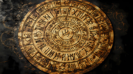 Circular sacred talisman with ancient runes and unknown drawings. aetherial inscription. illustration. Sacred Runes. Illustration