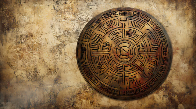 Circular sacred talisman with ancient runes and unknown drawings. sacred inscription. illustration. Sacred Runes. Illustration