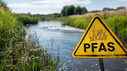 Warning Sign Near Water Indicating Presence of PFAS Pollution in a Natural Landscape