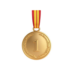 Shiny gold medal with number one and red yellow ribbon for first place achievements