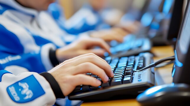 Close-up of multiple people typing on computer keyboards.