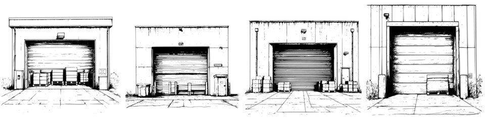Four distinct warehouse loading docks showcasing different designs and configurations in an industrial area