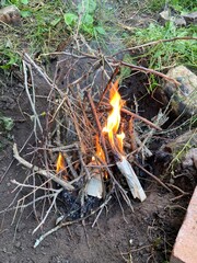 A small campfire burns in a clearing surrounded by grass and rocks. Twigs and branches create a vibrant fire, providing warmth and ambiance in a peaceful outdoor environment