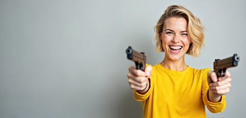 Joyful woman winks pointing finger guns camera, wearing yellow shirt. Blond hair, happy expression. Cheerful, playful, positive emotions. Portrait studio gray background, fun. Youth, confidence,