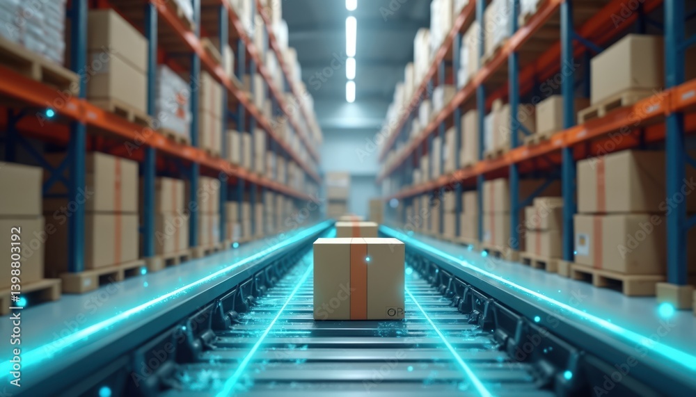 Poster Cardboard boxes move on conveyor belt, warehouse storage. Digital lines symbolize automation, tech, logistics. Boxes on shelves, represents distribution, shipping, e-commerce, delivery service,
