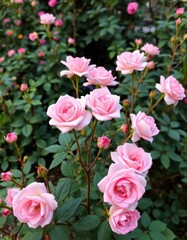 Obraz premium Delicate pink rose bush, single long-stemmed blooms, lush garden setting, fresh, summer, rose stem