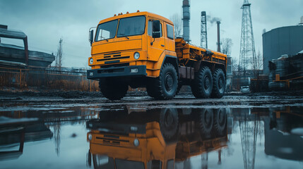Industrial vehicle parked in a neutral plant yard reflecting in water  