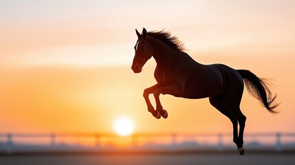 Silhouette of a horse jumping during a sunset  