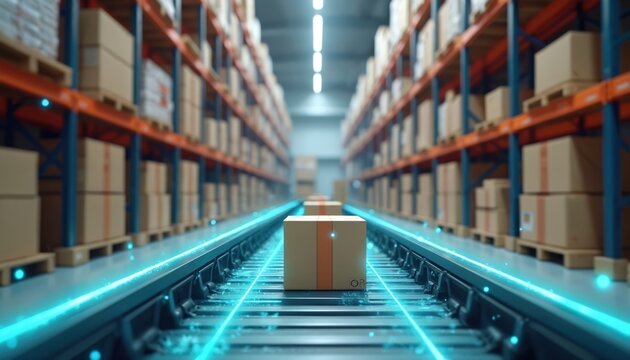 Cardboard boxes move on conveyor belt, warehouse storage. Digital lines symbolize automation, tech, logistics. Boxes on shelves, represents distribution, shipping, e-commerce, delivery service,