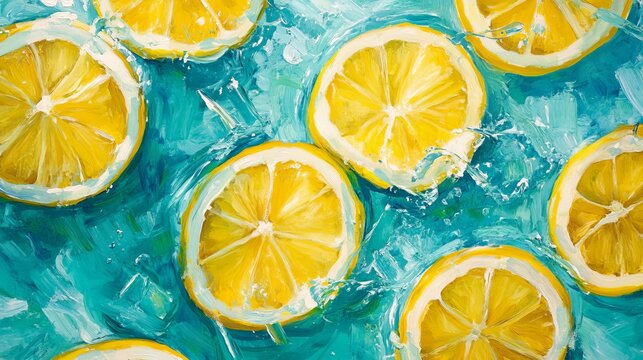 Artistic rendering of lemon slices floating in vibrant blue water with ice cubes and splash effects