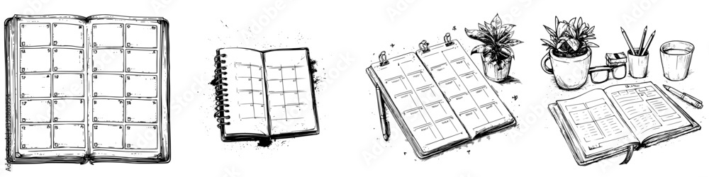 Wall mural different types of planners and calendars displayed on a textured background for organization and sc