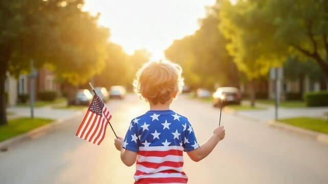 Blond boy celebrating Independence Day holding American flag and sparkler at sunset on suburban street, dressed in patriotic stars and stripes shirt, 4K, motion