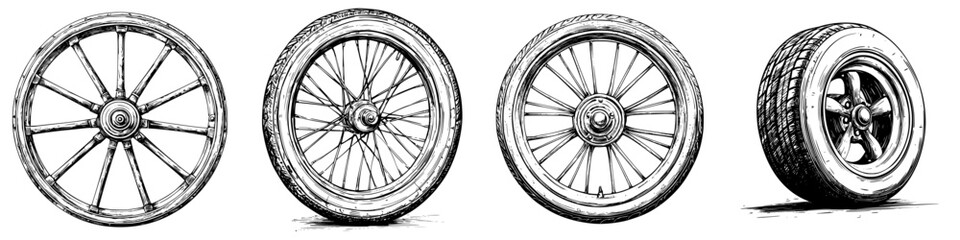 Different types of wheels showcasing evolution from classic to modern design in a sequential layout