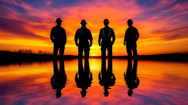 Four workers stand in silhouette at sunset over water.