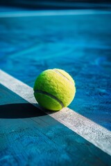 Pelota de tenis amarilla sobre cancha azul con líneas blancas bajo luz solar