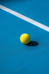 Pelota de tenis amarilla sobre cancha azul con líneas blancas bajo luz solar