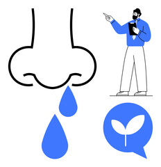 Runny nose with blue droplets, person pointing with a clipboard, and leaf symbol highlighting allergies, environmental health, solutions, awareness, and sustainability. Ideal for healthcare