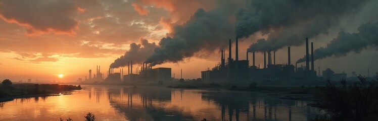 Obraz premium Industrial landscape factories emit smoke dramatic sunset sky. Pollution reflects in water body. Climate change, environmental concerns, industry influence. Urban decay, air contamination, toxic