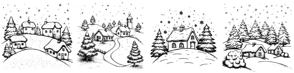 Fototapeta premium Winter village landscape with snow-covered houses and trees during a starry night