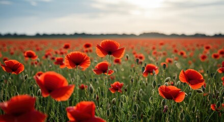 Red poppy flowers blooming in a vibrant field under sunlight  