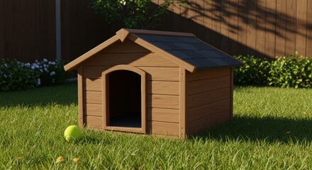 Obraz na płótnie Canvas Doghouse on green grass with a tennis ball in the background 