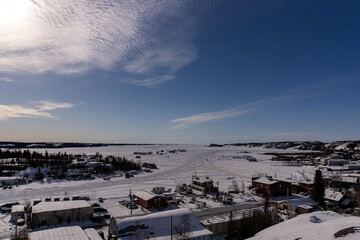 A panoramic view of the frozen Great Slave Lake in Yellowknife, Northwest Territories, Canada