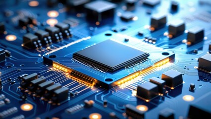 Close-Up View Of Microchip On Circuit Board Showcasing Intricate Details And Glowing Connections, Representing Advanced Technology And Electronic Engineering Concepts.