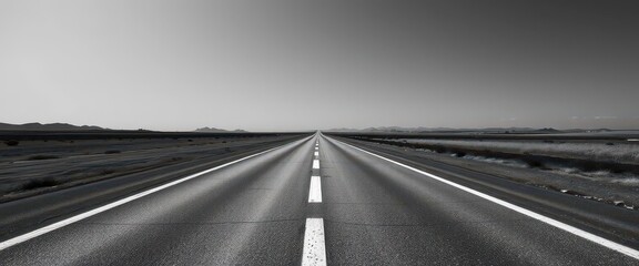 Endless black and white asphalt road stretching to the horizon, transportation, black and white