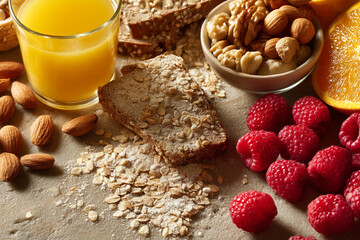 Fototapeta premium Close-up of breakfast items: orange juice, oat bread, almonds, walnuts, cashews, raspberries, and oatmealâ€”depicting a healthy and nutritious meal concept