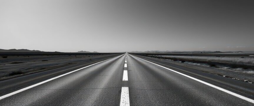 Fototapeta Endless black and white asphalt road stretching to the horizon, transportation, black and white