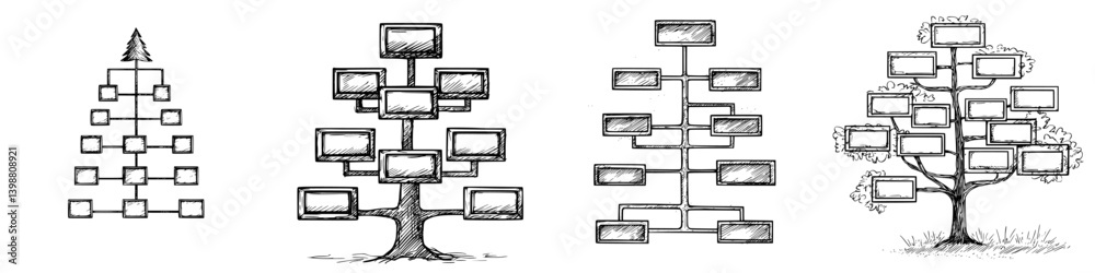 Poster flowchart designs showcasing various structures including tree and organizational formats created wi