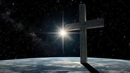 A wooden cross stands tall against the backdrop of space and a bright star.