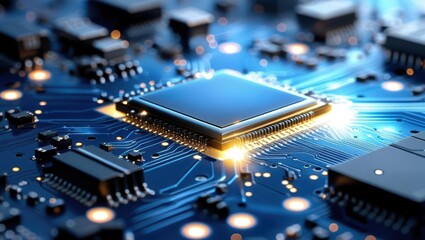 Close-Up View Of Microchip On Circuit Board Showcasing Intricate Details And Glowing Connections, Representing Advanced Technology And Electronic Engineering Concepts.