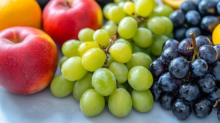 Close-up of colorful fresh fruit, including apples and grapes.