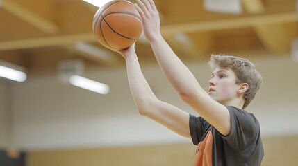 Naklejka premium A teenager diligently hones their shooting skills while attending an intensive basketball training session in the gymnasium