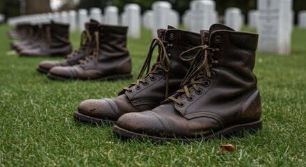 Military boots honoring fallen soldiers in a cemetery  