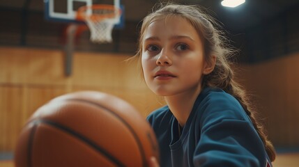 Girl basketball player focused intently while preparing to shoot during practice in a gymnasium in the afternoon